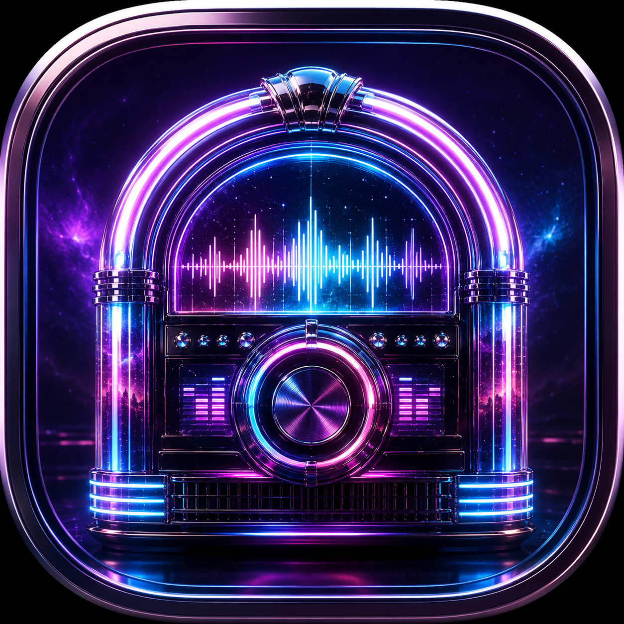 Futuristic neon jukebox for RideWire Radio